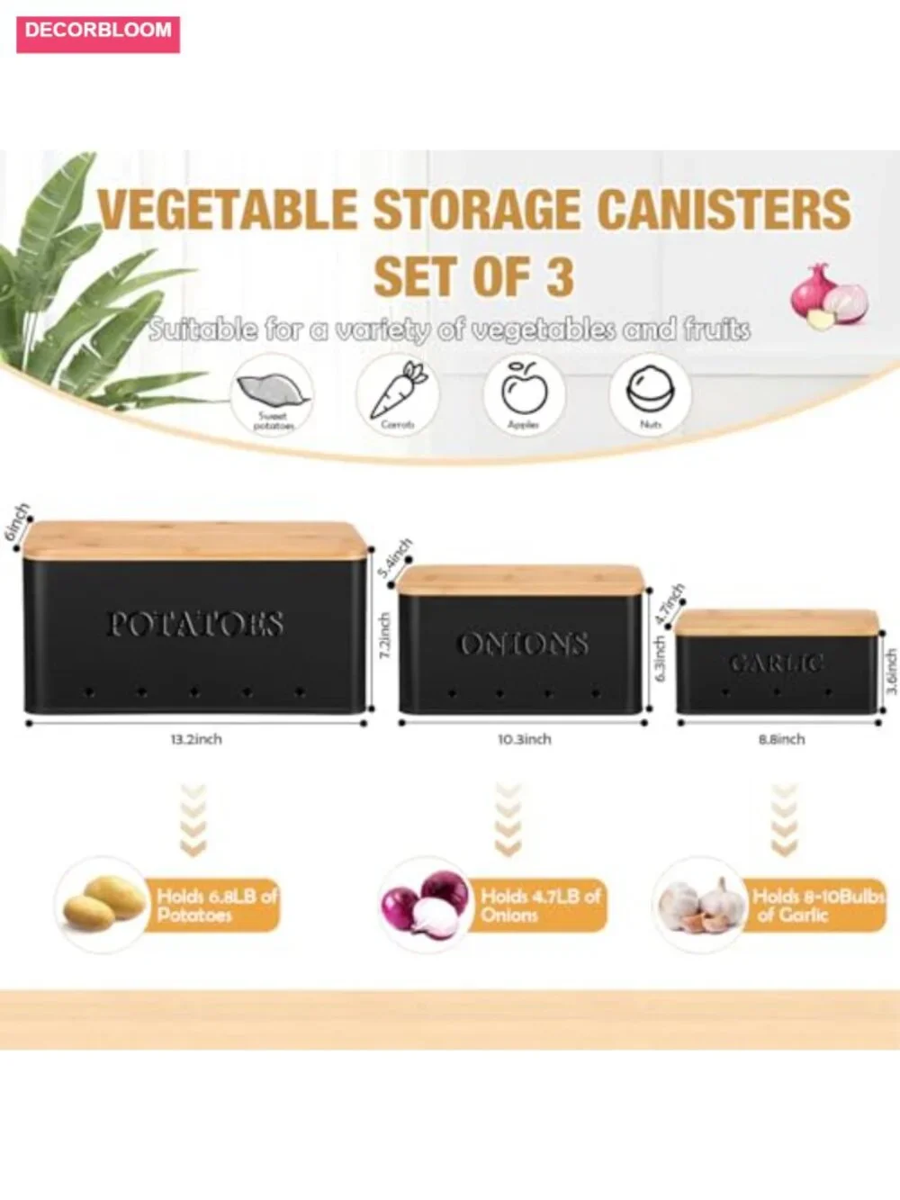 Metal Vegetable Storage Bins with Bamboo Handles Set of 3 Potato Onion Garlic
